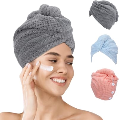 Famanu - 3-pack microvezel haardrooghanddoeken met anti-kroes effect, verstelbare knopen en zachte stof – Roze/Grijs