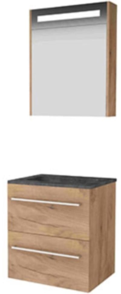 Basic-Line Premium 46 Badkamermeubelset - 60 x 46 cm - Met Grepen - 2 Lades - Hardstenen Wastafel - Zonder Kraangat - Spiegelkast met LED Verlichting - Whisky Oak