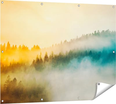 Gards Tuinposter Kleurrijke Zonsopgang in het Bos met Mist - 120x90 cm - Tuindoek - Tuindecoratie - Wanddecoratie buiten - Tuinschilderij