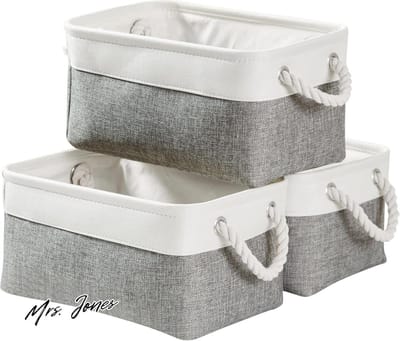 Mrs. Jones Canvas opbergdoos set van 3 opvouwbare stoffen opbergmanden voor kasten kledingkast planken kleding speelgoed handdoek badkamer (klein grijs wit) .