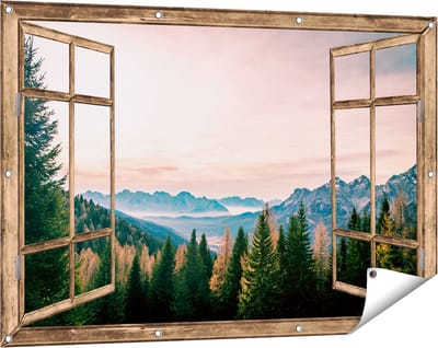 Gards Tuinposter Doorkijk Bos met Bomen bij Bergen Landschap - 120x80 cm - Tuindoek - Tuindecoratie - Wanddecoratie buiten - Tuinschilderij