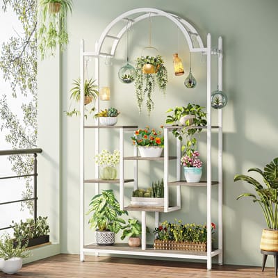 Tribesigns Plantenrek - Plantenstandaard - Plantenrek voor binnen - Plantenrek met 5 niveaus en 8 S-haken - Wit - 100 x 30 x 190 cm