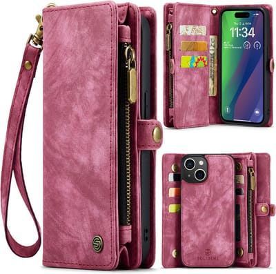 Geschikt Voor iPhone 14 Plus Hoesje - Solidenz Wallet Case 14 Plus - Telefoonhoesje 14 Plus - 14 Plus Case Met Pasjeshouder - Met Ritsvak - Met Polskoord - Portemonee Hoes - 2 in 1 Hoes - Uitneembare Backcover - Rood