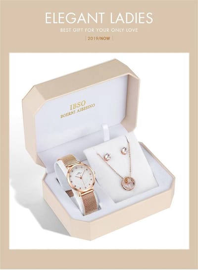 Boerni Aibisino Horloge, Oorbellen en Ketting Rosé luxe geschenk set  DIA | Crystal glass | Premium kwaliteit uurwerk Quartz Japan | Mineraal | Geschenk | Fashion | Moederdag | Elegant | Dames | Vrouw | Black Friday
