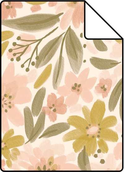 Proefstaal ESTAhome behang bloemen zacht roze, okergeel en vergrijsd groen - 26.5 x 21 cm - 130924-S