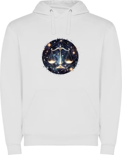 Witte unisex hoodie met “ Kleurrijke Sterrenbeeld Weegschaal – Astrologie – Horoscoop – Zodiac Signs “ Print Full Color Color merk Roly maat S