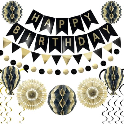 Ensemble de bannières joyeux anniversaire, 18 pièces, décorations de fête en or noir, fournitures de bannière suspendue pour cadeaux de fête noir