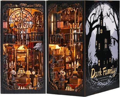 Houten Boekenhoek - Miniatuur Poppenhuis - DIY Knutselen - Inclusief LED licht - 28 x 16 x 4 cm - Zwart