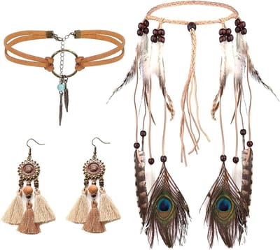 Indiase Hoofdsieraden Set met Veer Haarband, Dromenvanger Oorbellen en Leren Choker voor Hippie Kostuum en Vintage Carnavalsmode