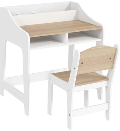 Kinderstudiebureau-set met bureau 60×48×68 cm en stoel 30×33,5×53 cm, met opbergruimte en open vakken, modern en minimalistisch design, stevig en duurzaam houten frame, geschikt voor kinderkamer en leerhoek Wit