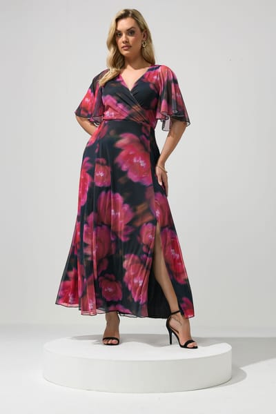 Yours London Zwarte En Roze Abstracte Bloemenprint Mesh Jurk Size 38