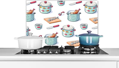 Spatscherm keuken 60x40 cm - Kookplaat achterwand Patronen - Koken - Eten - Vis - Pan - Muurbeschermer - Spatwand fornuis - Hoogwaardig aluminium