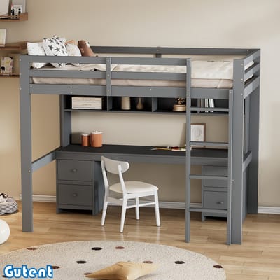Gutent Hoogslaper-90*200 cm-Kinderbed-met-tafel-onderop-Opbergruimte-Trap-stabiel-Grijs-Geen matras-Geen stoel