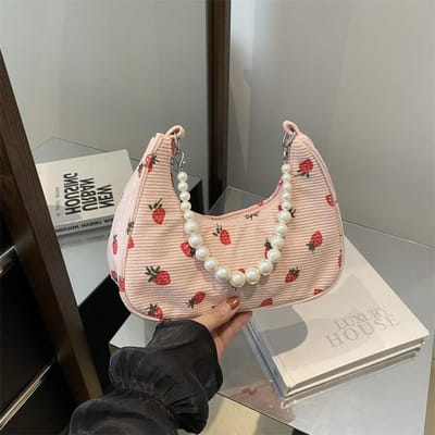 Sac à main en velours côtelé pour femme, joli petit sac à fraises, sac d'été à une épaule, sac à perles gray