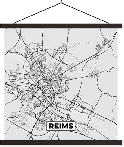 Posterhanger incl. Poster 60x60 cm - Schoolplaat - Frankrijk - Reims - Stadskaart - Plattegrond - Kaart - Textielposter - Zwarte latten - Stadskaart