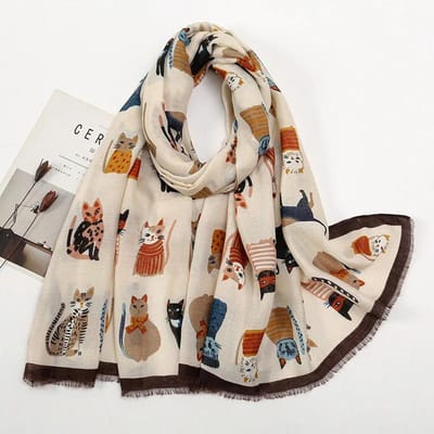 Chien Teckel Motif Chat Franges Viscose Châle Foulard Femmes Imprimé Doux Polyvalent Protection Contre le Froid Écharpes Et Châles Pashmina Hijab Musulman beige