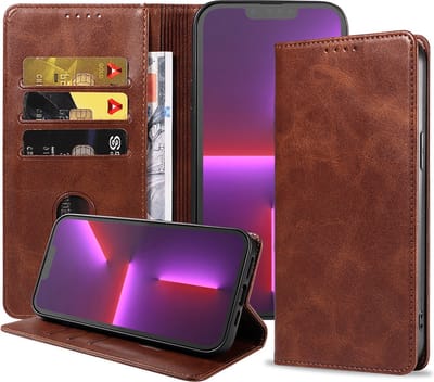 Smartphonica iPhone 13 Pro kunstleren hoesje met magnetische sluiting en pashouders book case - Donkerbruin geschikt voor iPhone 13 Pro