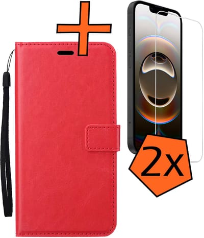 Hoes - Met 2x Screenprotector - Geschikt voor Apple iPhone 16e - Luxe Pasjeshouder - Bookcase Portemonee - Flip Case - Kunstleer Book Case - Flipcase Hoes - Book Cover - Walletcase - PortemonneeHoes - Rood