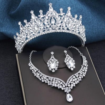 3 Stuks Groene Bruiloftskroon Sets Tiara's Bruidshoofddeksel voor Prinses Banket Dubai Sieradensets Kostuumaccessoires gray