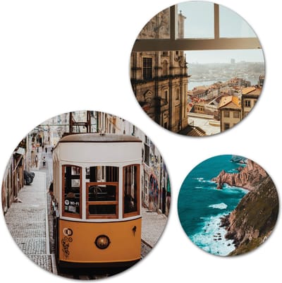 Forex Muurcirkel Set -  Set Uitzicht Portugal - Set van 3 Wandcirkels met Ophangsystemen - 30x40x50