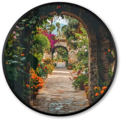 Poster in lijst Rond - Fotolijst 60x60 cm - Posters - Doorkijk - Bloemen - Poort - Stenen - Ronde posterlijst zwart - Decoratie - Wanddecoratie woonkamer - Muurdecoratie slaapkamer
