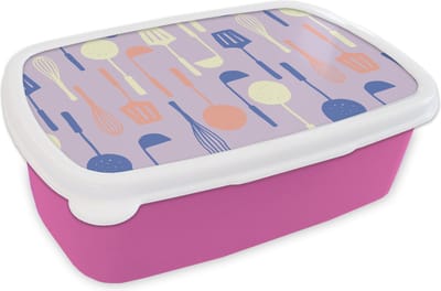 Broodtrommel Roze - Lunchbox - Brooddoos - Patronen - Keukengerei - Spatel - Garde - 18x12x6 cm - Kinderen - Meisje