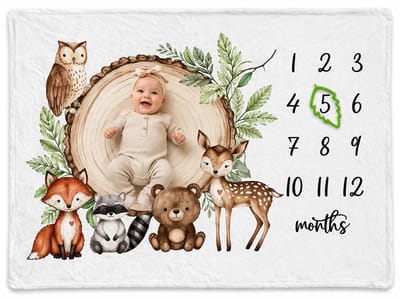 Baby Mijlpaal Deken 100x150 cm – Milestone Deken Baby met Blad Marker – Woodland Dieren – Fleece Fotodeken – Groei Deken 1 t/m 12 Maanden – Kraamcadeau