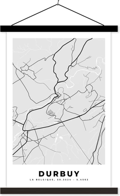 Posterhanger incl. Poster 40x60 cm - Schoolplaat - België – Durbuy – Stadskaart – Kaart – Zwart Wit – Plattegrond - Textielposter - Zwarte latten - Stadskaart