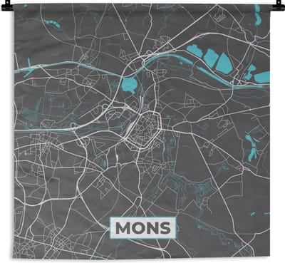 Wandkleed - Wanddoek - België – Mons – Stadskaart – Kaart – Blauw – Plattegrond - 180x180 cm - Wandtapijt