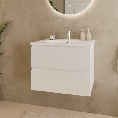 LOMAZOO Badkamermeubel Glanzend Wit 60 cm [MARENZA] - Wastafelonderkasten - Wastafel Keramiek - Badkamerkast Zwevend
