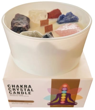 Chakra kaarsen met edelstenen - Heerlijk geurende soja was kaars - in glas - 7 edelstenen - 17 branduren