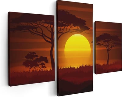 Artaza Canvas Schilderij Drieluik Zonsondergang In De Savanne - Abstract - 90x60 - Foto Op Canvas - Canvas Print