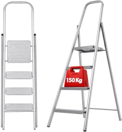 KADAX Eenzijdige ladder van staal met antislipvoeten, rek en brede treden, opvouwbare ladder voor thuis (4 treden)