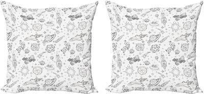 ABAKUHAUS Decoratieve kussenhoezen voor de kleuterschool, 2 stuks, Doodle Zonnestelsel Ruimte, 40x40 cm, Wit/Zwart