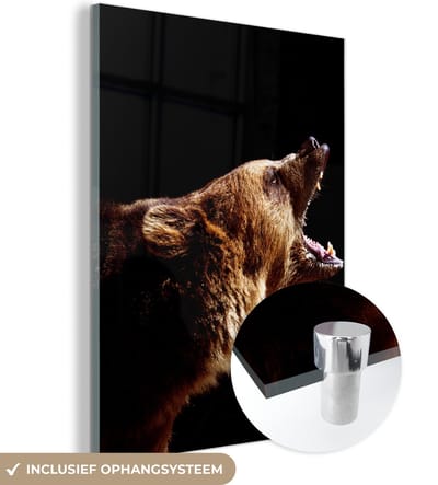 MuchoWow® Glasschilderij 120x160 cm - Schilderij acrylglas - Beer - Wild dier - Tanden - Foto op glas - Schilderijen