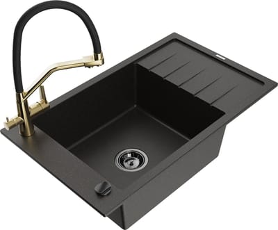 Mexen Elias granieten spoelbak 1-kompartment met afdruiprek en Duo keukenkraan, zwart/goud metallic - 6511-75-671701-57-B