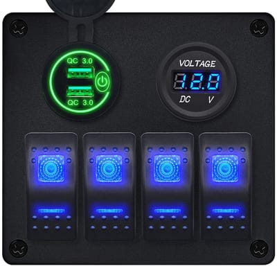 ProRide Schakelpaneel 12V voor Auto/Boot - USB Lader 2 Poorten met Voltmeter - QC3.0 - PUSB1QC-G - 4 Schakelaars