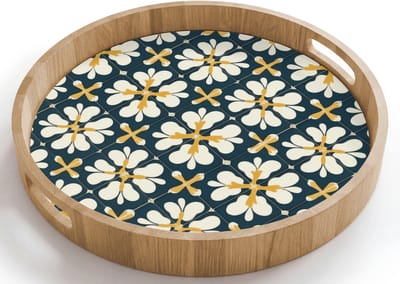 Dienblad rond 40x40 cm - Schootdienblad hout - Motief - Tegel - Okergeel - Borrelplank rechthoek - Plateau houten dienbladen