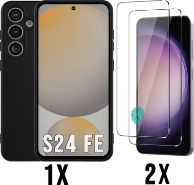 Casemania Hoesje & Glas Geschikt voor Samsung Galaxy S24 FE - Zwart - Siliconen Back Cover & 2x Glazen Screenprotector