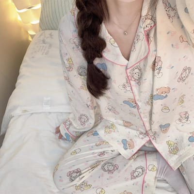 Koreaanse Dames Pyjama Herfst Lente Lange Mouw Zachte Nachtkleding Set Bloemen Schattige Cartoon Pyjama Vrouw Huis Nachtkleding Set Vest XXL gray