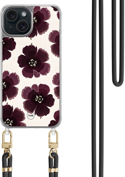 Casevibes - Telefoonhoesje met koord - Geschikt voor Apple iPhone 15 - Burgundy flowers - Paars - Bloemen