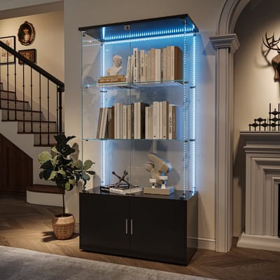 Glazen vitrinekast met LED-verlichting, slot en gehard glas, 3 niveaus, geschikt voor woonkamer en slaapkamer, 78x35x164 cm, zwart