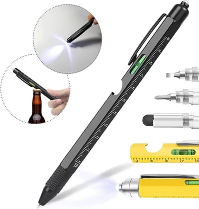Actie4you® - Multitool Pen - Liniaal - Waterpas - Schroevendraaier - Zaklamp - Flesopener - Stylus – 1 Stuk - 8 in 1 - Zwart