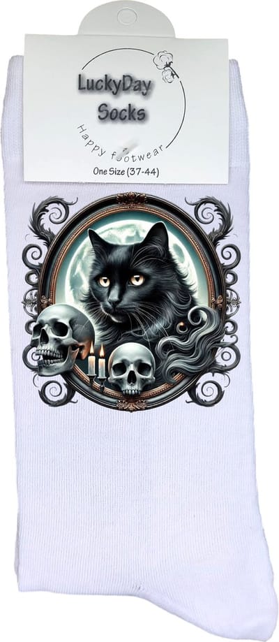 Zwarte kat - Opkikker - Grappige sokken - Valentijn cadeau - Verjaardag cadeau - Sint cadeau - Leuke sokken - Vrolijke sokken - Cadeautje - Grappig cadeau - Schedels - Gotic - Kerstcadeau - Vaderdag - Moederdag - Socks maken Happy - 37-44