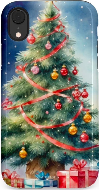 Casetastic hoesje geschikt voor Apple iPhone XR - Dubbellaagse bescherming - Aquarel Kerstboom Cadeau - Fashion Case - Grijs Donkerblauw Saliegroen Beige