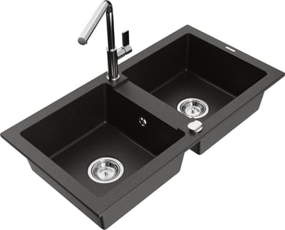 Mexen Mario granieten gootsteen 2-komorige met keukenkraan Flora, zwart/goud metallic - 6504-75-670401-00