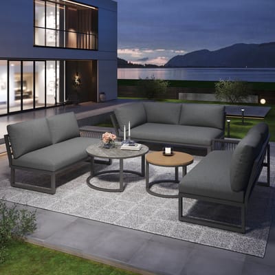 STILVORA Tuin Loungeset 6 Tot 7 Personen 123 X 68 X 86 Cm - Hoekbank Met 2 Tafels En Kussens - Metalen Frame - Grijs