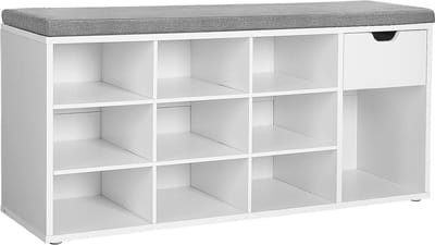 FurnStar - Schoenenbank - Schoenenrek met lade en open vakken - Bank - Gestoffeerde zitting -Gang - Slaapkamer en entree - 104 x 30 x 48 cm - Wit