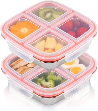 Lunchbox Set - Roestvrij Staal Bento Box - 2 Delig - Lekdicht met 4 Vakken - Voor School Werk en Camping - Zilverkleurig