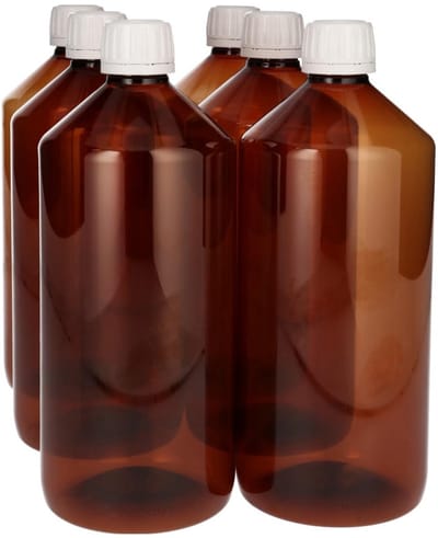 6 x 1000 ml Pharma PET Fles Bruin met Garantiedop wit- PET Kunststof BPA-vrij - Plastic Flessen Navulbaar - Met Dop - Lege Flessen - 6 stuks